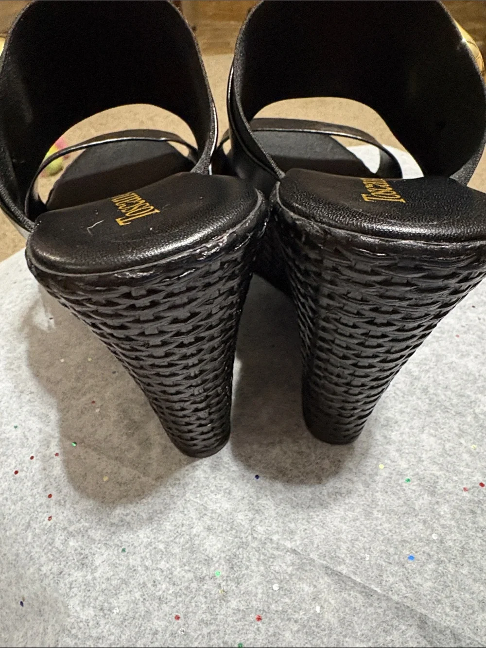 Toscanella Black Wedge Sandals with Gold Buckle Accent